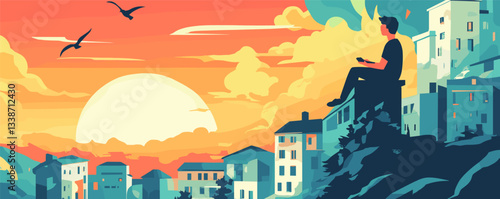 Solitary man watching sunrise over cityscape with vibrant sky and birds in flight.