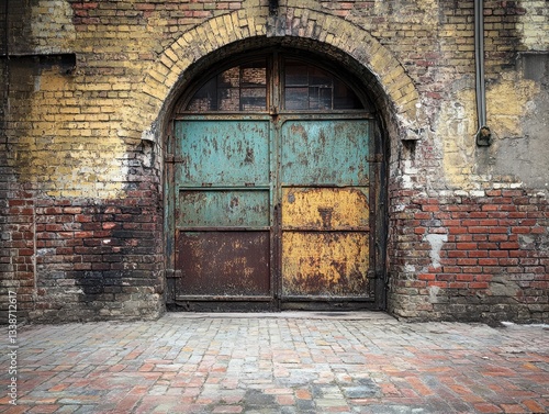 Old Brick Building with Arched Doorway and Weathered Metal Doors in Urban Setting