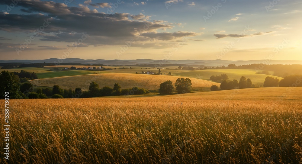 Fototapeta premium Sunset Pastoral Farmland Tranquil Landscape with Golden Grasses