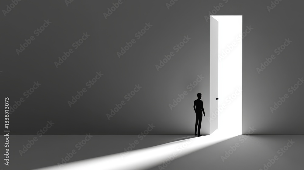 Fototapeta premium Man Facing Open Door with Light, Hope, and Opportunity.