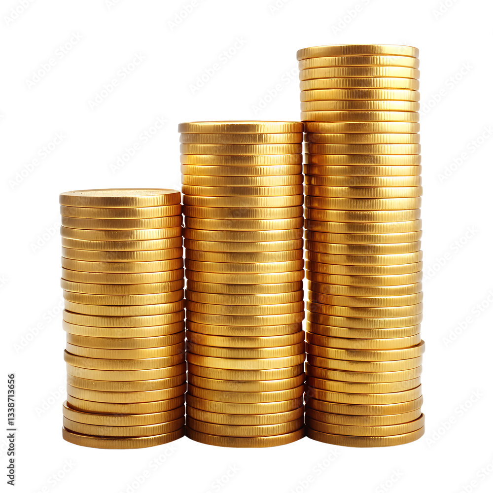 Three Stacks of Gold Coins Showing Increasing Financial Growth and Wealth Three Stacks of Gold Coins Showing Increasing Financial Growth and Wealth