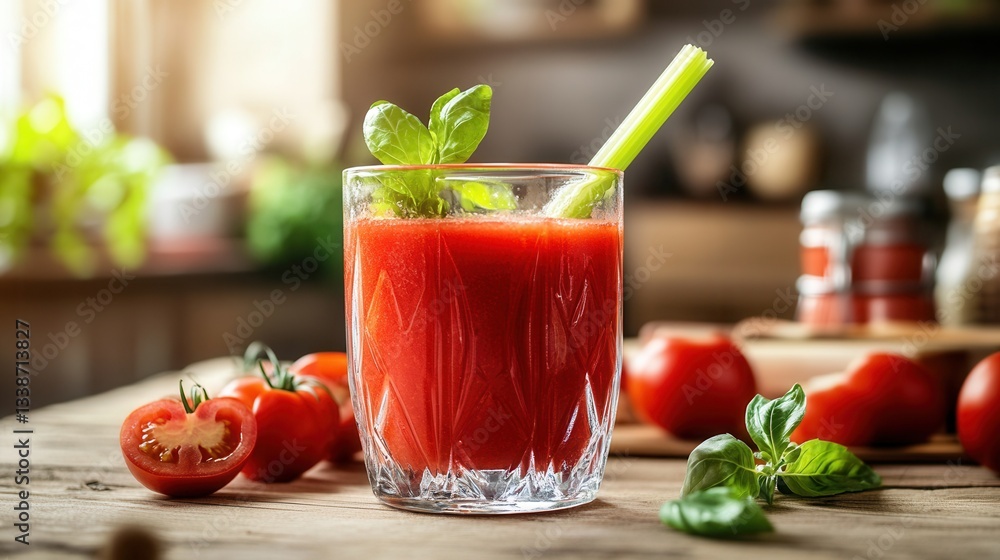 a bold tomato juice in a crystal tumbler, with a celery stick as garnish, surrounded by fresh tomatoes and basil leaves, with a cozy kitchen background. a bold tomato juice in a crystal tumbler, with a celery stick as garnish, surrounded by fresh tomatoes and basil leaves, with a cozy kitchen background.