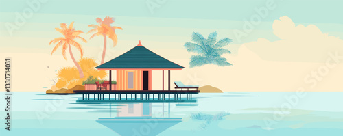 Tropical overwater bungalow with palm trees and ocean view in serene pastel colors.