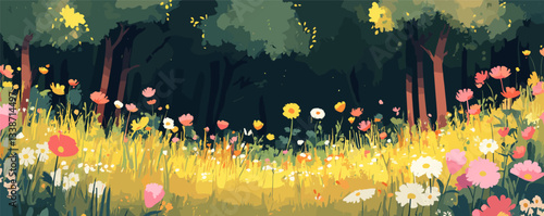 Colorful wildflower meadow in sunlit forest clearing surrounded by lush green trees.