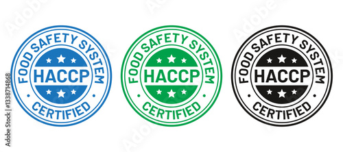 HACCP certified stamp. Food safety system round emblem. Hazard analysis and Critical Control Points seal imprint. Quality warranty badge icon on white background. Vector illustration Marketing sticker