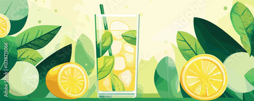 Refreshing lemonade with ice and mint in tall glass on green leafy background.