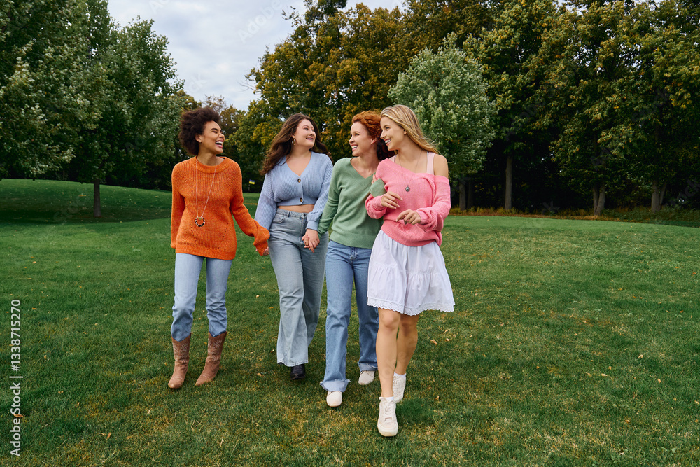Four stylish friends confidently enjoying a spring day in a vibrant park Four stylish friends confidently enjoying a spring day in a vibrant park