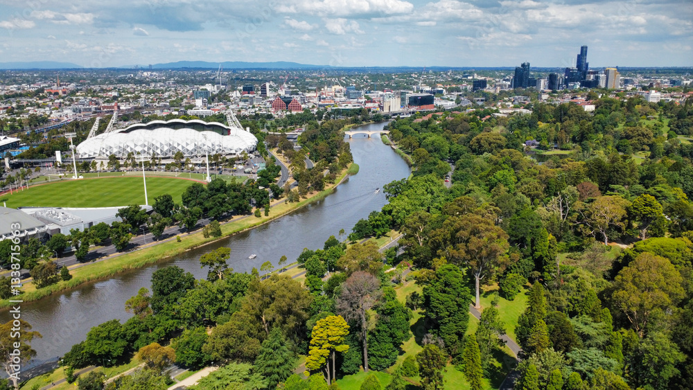 Fototapeta premium The skyline of Melbourne at a cloudy day, seen from above