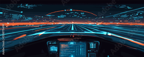 Futuristic nighttime drive: high-tech cockpit and speeding lights in sci-fi cityscape.