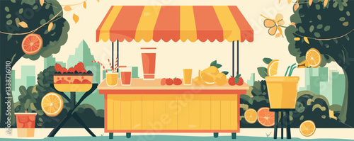 Vibrant lemonade stand in park with fresh fruits and colorful awning.
