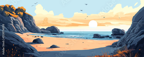 Serene sunset over a rocky beach with gentle waves and birds in the sky.