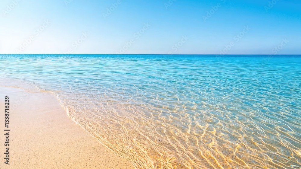 Obraz premium Beach waves landscapes idea. Tranquil beach with clear water under a bright blue sky, creating a serene ambiance.