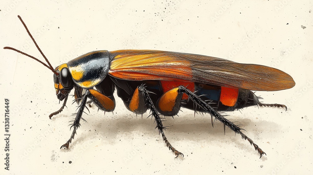 Obraz premium Vibrant Illustration of an Orange and Black Insect on a Light Background Highlighting Detailed Features and Texture of the Creature's Body