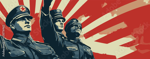 Three military men saluting in propaganda poster with red and beige sunburst background.