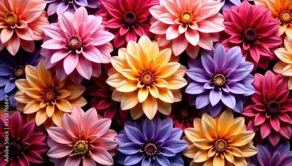 Intricate dahlia blooms, vibrant hues, repeating pattern, garden, petals, flower art Intricate dahlia blooms, vibrant hues, repeating pattern, garden, petals, flower art