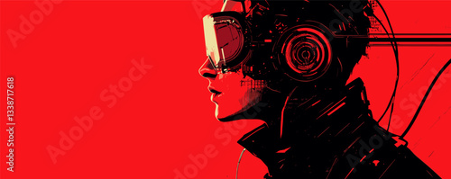 Person wearing futuristic headset and glasses with red background.