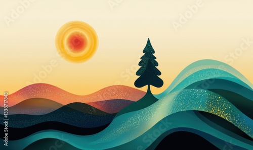 Sunset serenity abstract landscape with tree and waves digital art