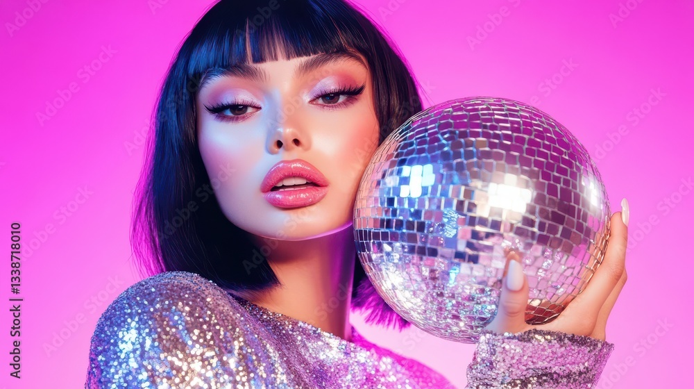 Naklejka premium Glamour in the Spotlight: A stylish woman holding a disco ball, exuding charm and radiance under vibrant neon lights.