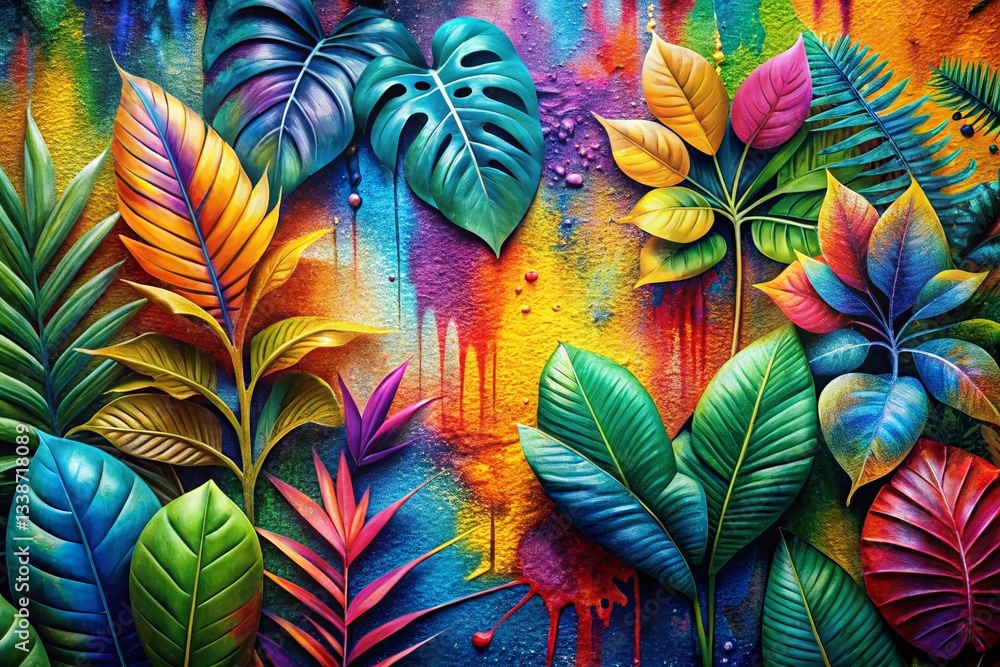 Vibrant Spray Paint Plant Pattern Background: Abstract Floral Design Texture