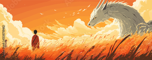 Young man encounters giant white wolf in golden sunset field.