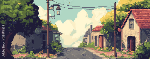 Quaint pixel art village scene with rustic houses and lush greenery under a cloudy sky.
