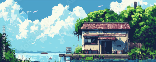 Serene lakeside cabin under blue sky with lush greenery and calm waters.