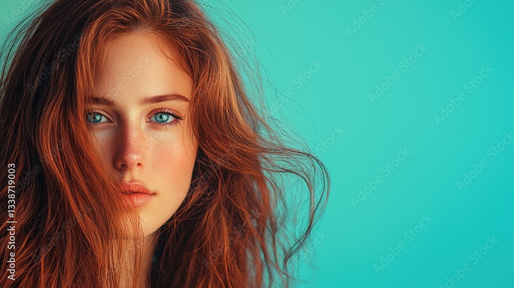 Naklejka premium Portrait of a Young Woman with Red Hair Against a Soft Blue Background Emphasizing Natural Beauty and Confidence in Contemporary Fashion Photography