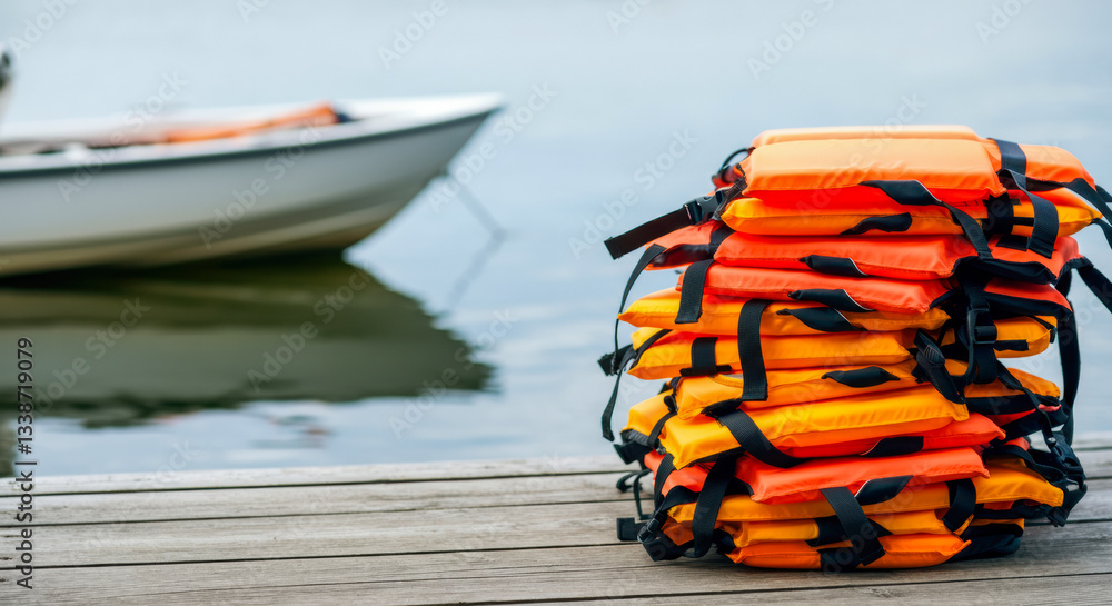 Obraz premium Life jackets neatly stacked on a dock near a small boat ready for water activities in the late afternoon light