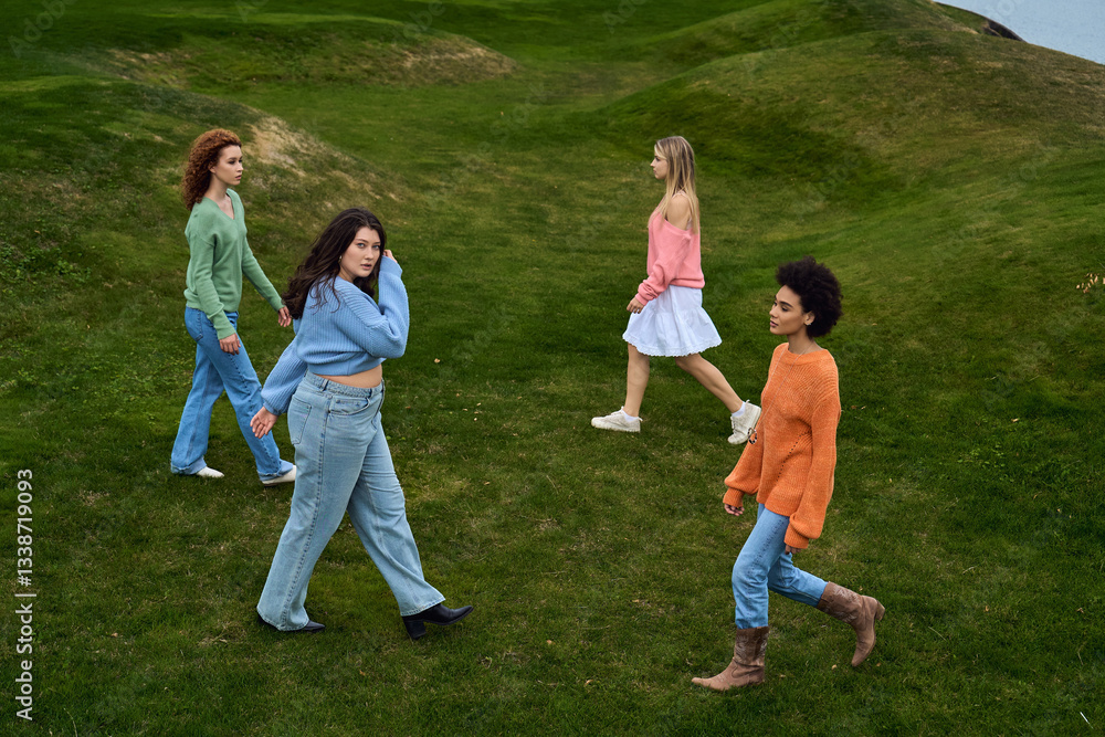 Springtime stroll embraces fashion and nature in a vibrant outdoor setting for confident women Springtime stroll embraces fashion and nature in a vibrant outdoor setting for confident women