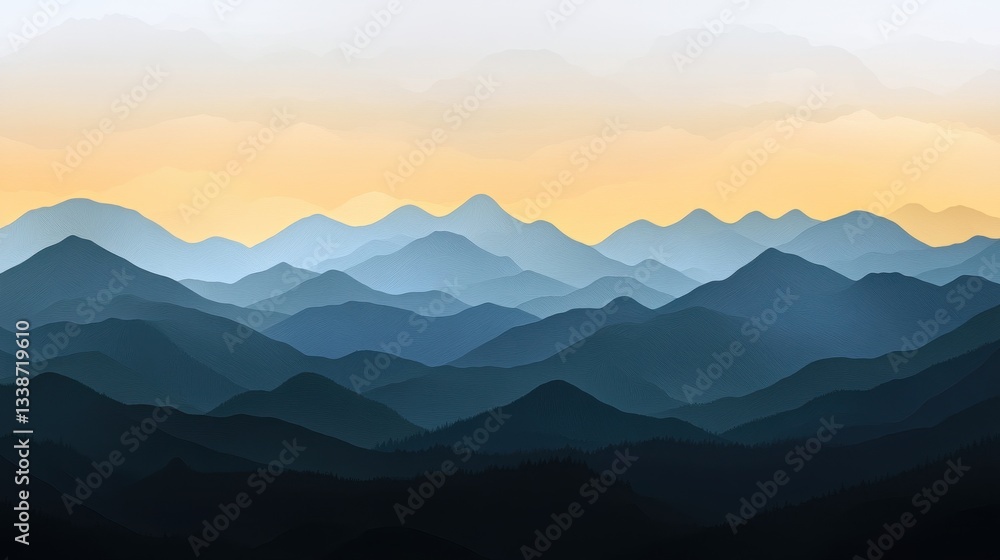 Fototapeta premium Misty Mountain Range Sunset Landscape Panorama.