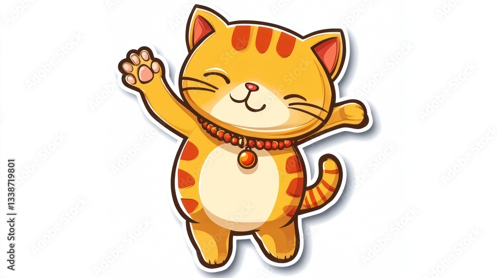 Obraz premium Cute cartoon cat waving, cheerful, simple design, stock image