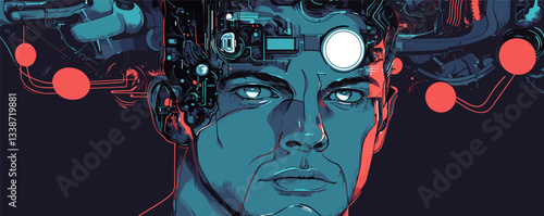 Futuristic cyborg man with circuitry and cybernetic enhancements in digital artwork.