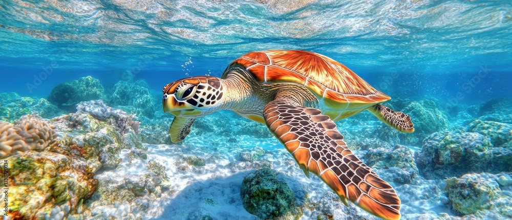 Fototapeta premium Graceful sea turtle swimming in crystal clear turquoise ocean water over coral reef in tropical paradise