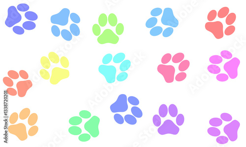 vibrant and colorful pattern of animal paw prints, great for playful pet-themed designs, children's graphics, textiles, and pet branding. Suitable for pet shops, daycare centers, and fun decorations