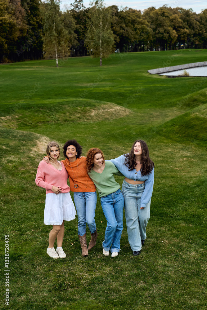Fototapeta premium Stylish young women enjoying a sunny spring day in a lush park
