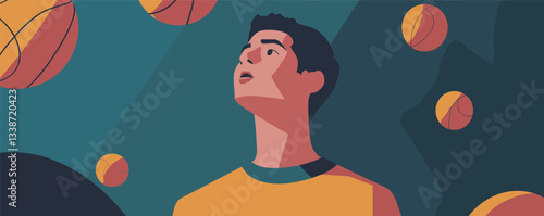 Young man observing floating basketballs in modern abstract art.