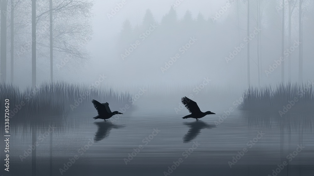 Fototapeta premium Misty Lake Birds Silhouette with Forest Dawn.