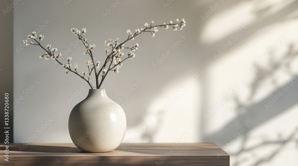 Elegant White Vase with Blooming Branches Minimalist Home Decor Spring Flowers Elegant White Vase with Blooming Branches Minimalist Home Decor Spring Flowers
