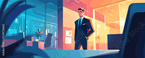 Confident businessman in modern office with vibrant lighting and glass walls.