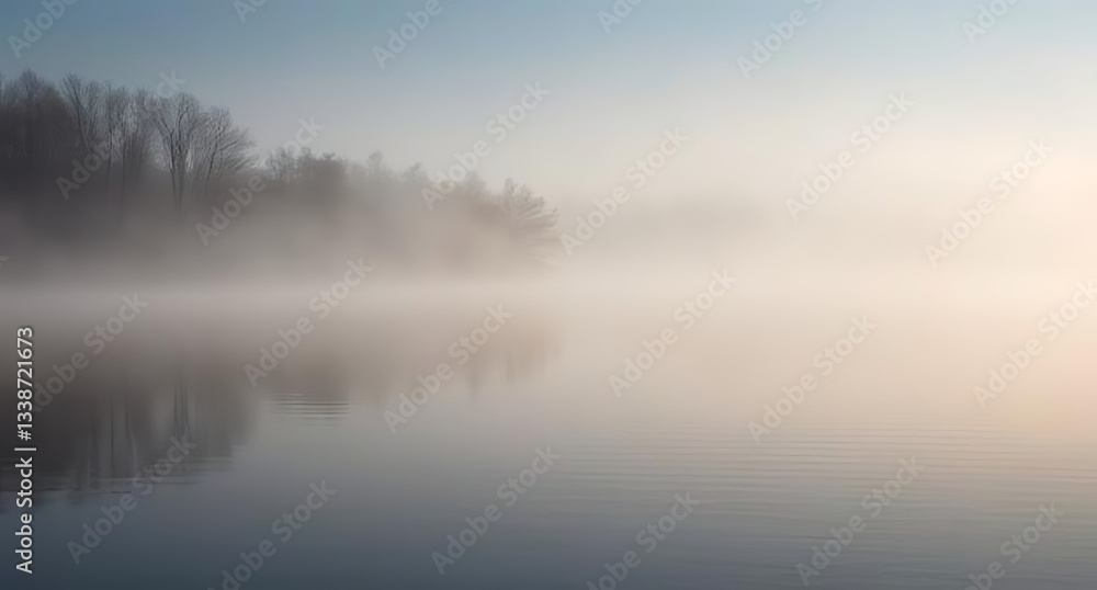 Fototapeta premium A calm, misty morning scene of a lake with fog rising from the water and trees in the background, offering a peaceful