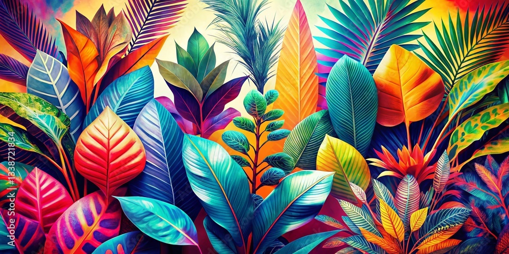 Vibrant Pop Art Plant Pattern Background: Double Exposure Stock Photo Vibrant Pop Art Plant Pattern Background: Double Exposure Stock Photo