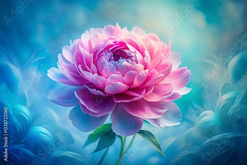 Vibrant Pink Peony Watercolor Painting, Soft Blue Background, Long Exposure Effect Stock Photo