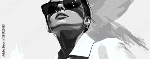 Stylish woman in sunglasses with confident expression and artistic black-and-white background.
