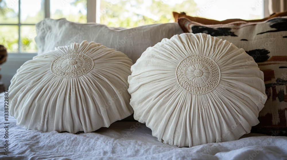 Obraz premium Cream pleated cushions, bedroom, sunlight, boho decor, home styling