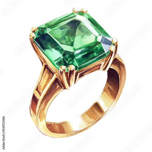 A watercolor vector painting of a luxury emerald ring captivating design, isolated on a white background.

