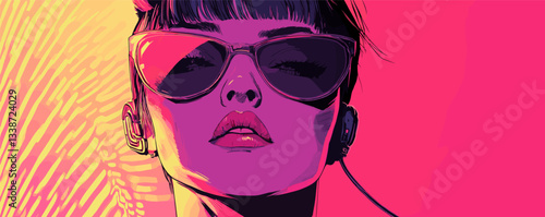 Vibrant pop art style portrait of a woman with sunglasses and headphones.