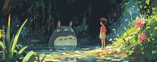 Child encounters giant creature in enchanted forest, calmly standing by water.