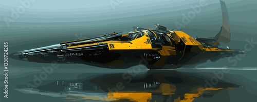 Futuristic yellow spaceship hovering over water with reflections in digital art.