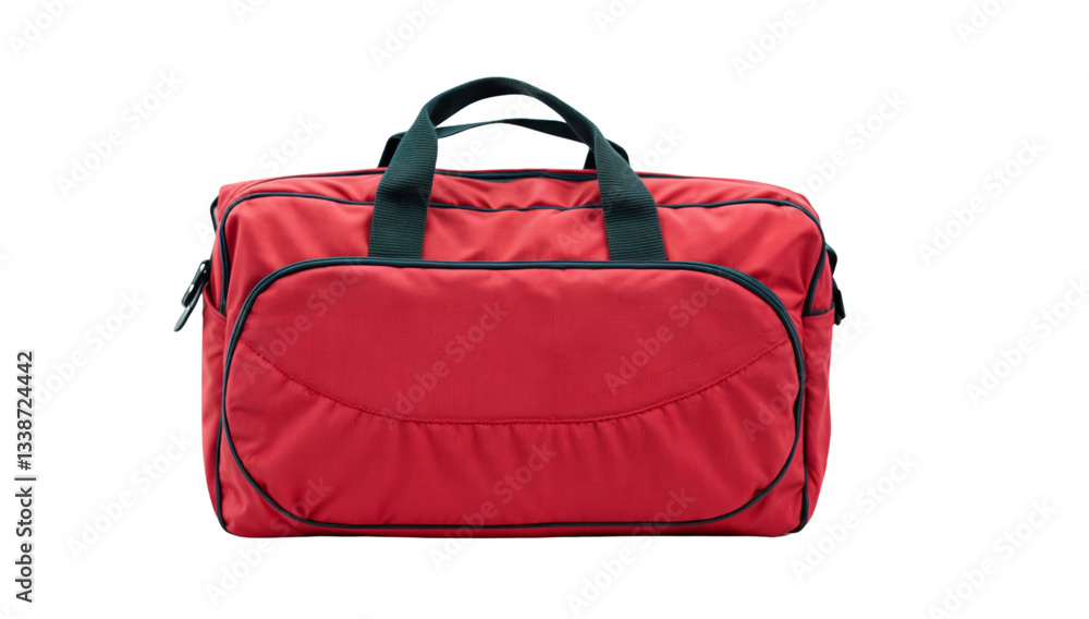 Naklejka premium Red Travel Bag: A vibrant red travel bag, perfect for weekend getaways or business trips, showcasing a durable and stylish design, ready for adventure.