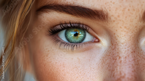close up of person eye with striking green color, surrounded by freckles and detailed skin texture, showcasing natural beauty